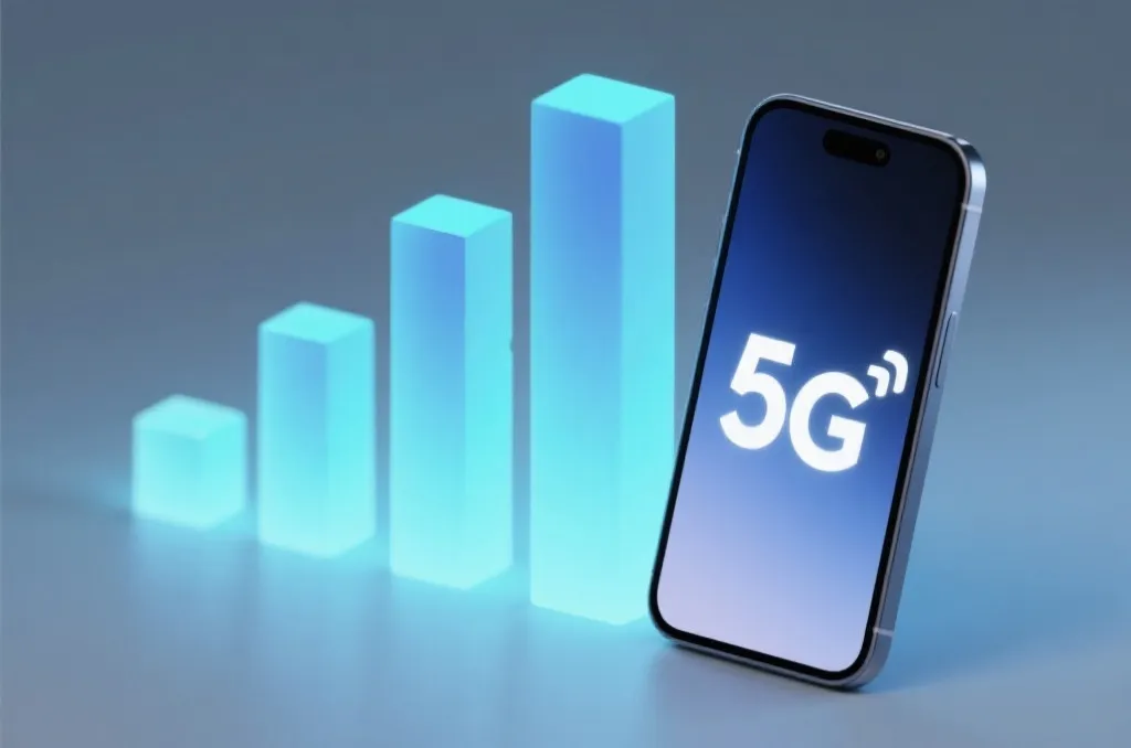 An abstract representation of fast mobile internet connection, 5G signal bars glowing next to a generic smartphone, high-speed concept, clean tech aesthetic